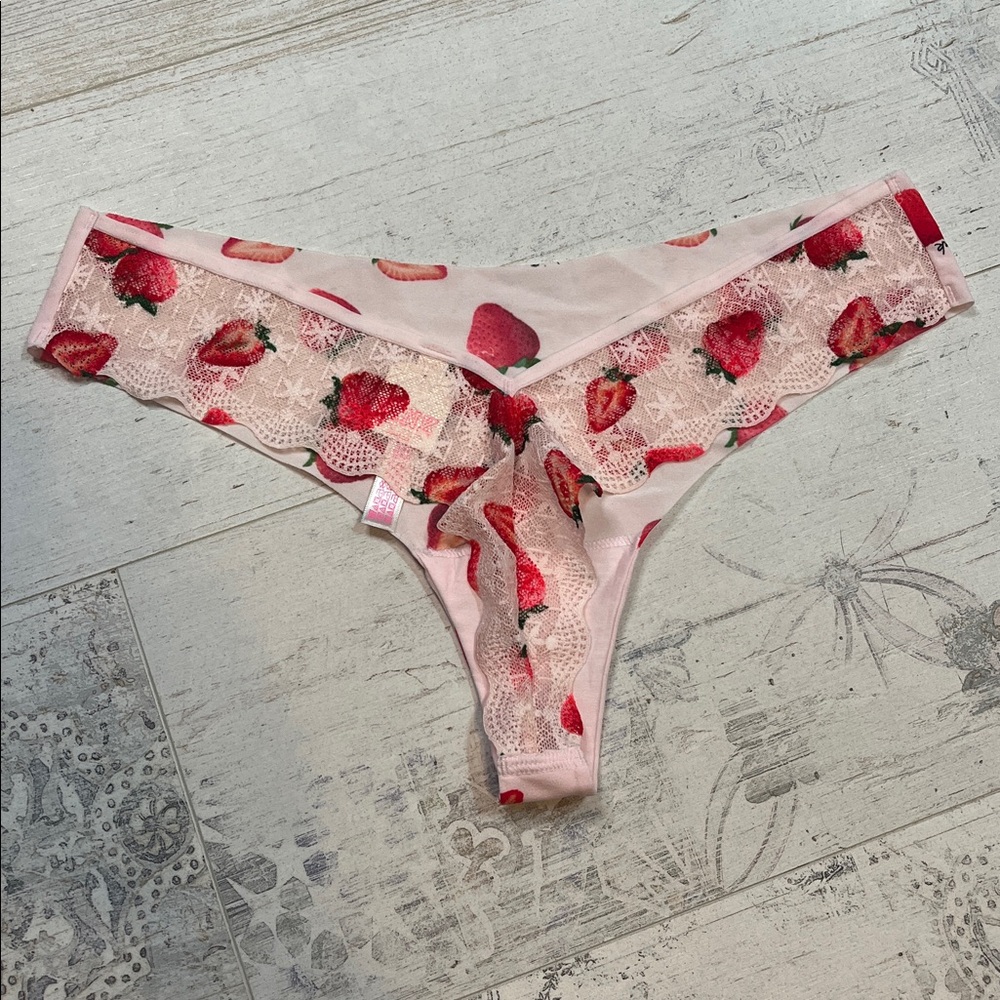 PINK Victoria's Secret Pink Strawberry Lace Thong Panties Large - Picture 6 of 8